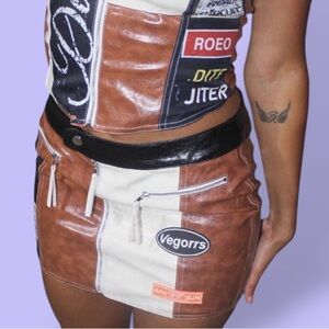 Fashion Nova 19 Racing Two-Tone Brown, Cream & Black Faux Leather Y2K Mini Skirt